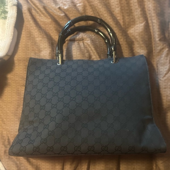 Gucci Handbags - vintage Gucci black GG canvas bamboo handle tote bag